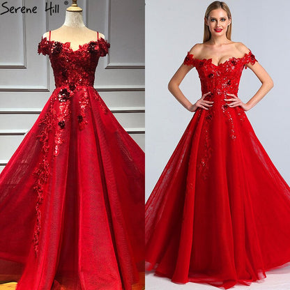 On Sale No Return No Refund Sale Red Luxury Sequined Beading Sexy Evening Dresses 2025 Dubai Latest Off Shoulder Evening Gowns For Women LA60792