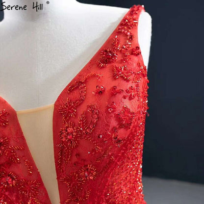 Vestido de noche rojo de corte sirena, sexy, sin mangas, con escote en V, encaje con cuentas y cristales, HM67151 