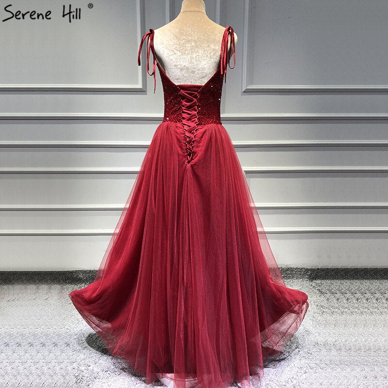 Im Angebot, keine Rückgabe, keine Rückerstattung. Verkaufe rote trägerlose, sexy A-Linien-Abendkleider, neuestes Design, ärmellos, Pailletten, Perlen, formelles Kleid, echtes Foto LA70004 