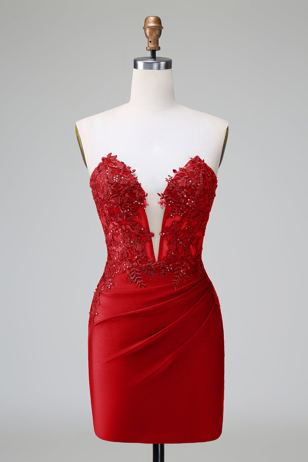 Vestido de fiesta corto, plisado, sin tirantes, ajustado, verde oscuro y elegante con cuentas