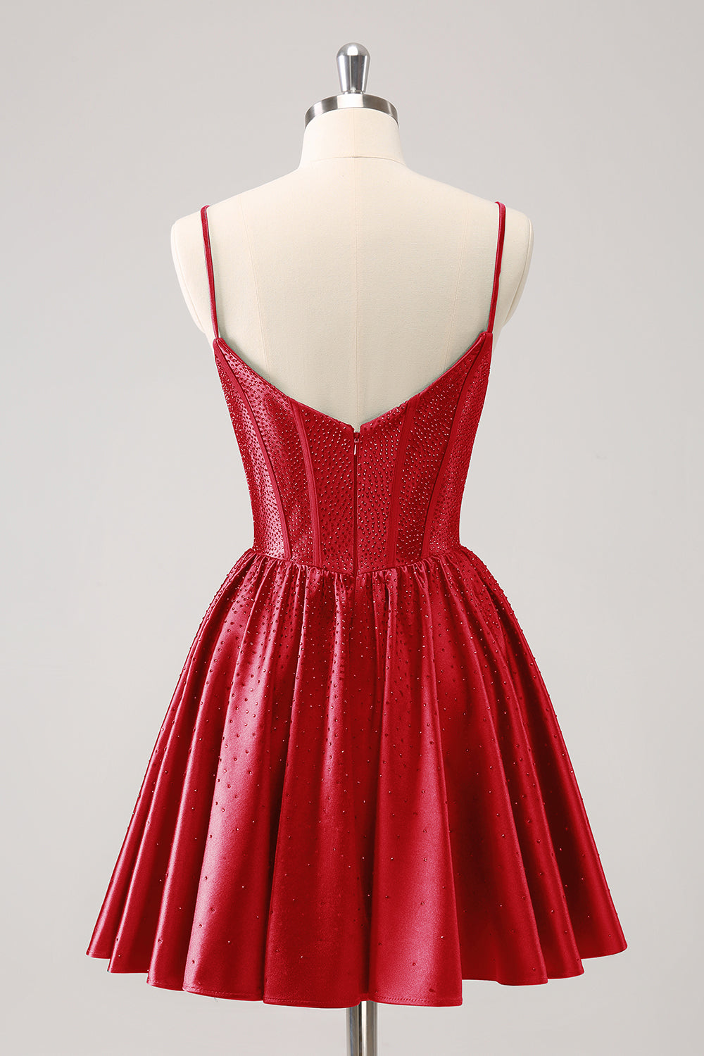 Vestido corto rojo de fiesta con tirantes finos, volantes y corsé, corte A y cuentas