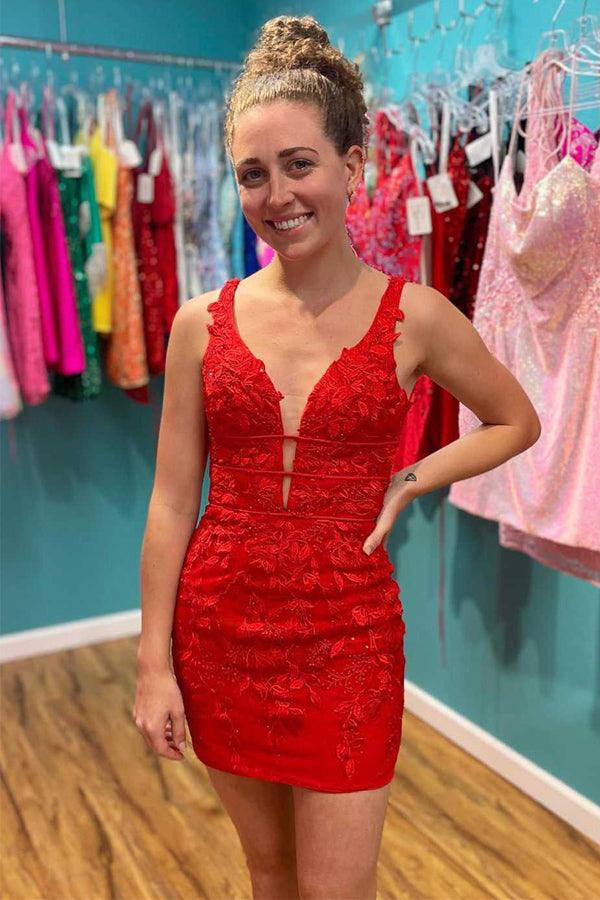 Rotes Homecoming-Kleid mit tiefem V-Ausschnitt und Schnürung und Applikationen PD465