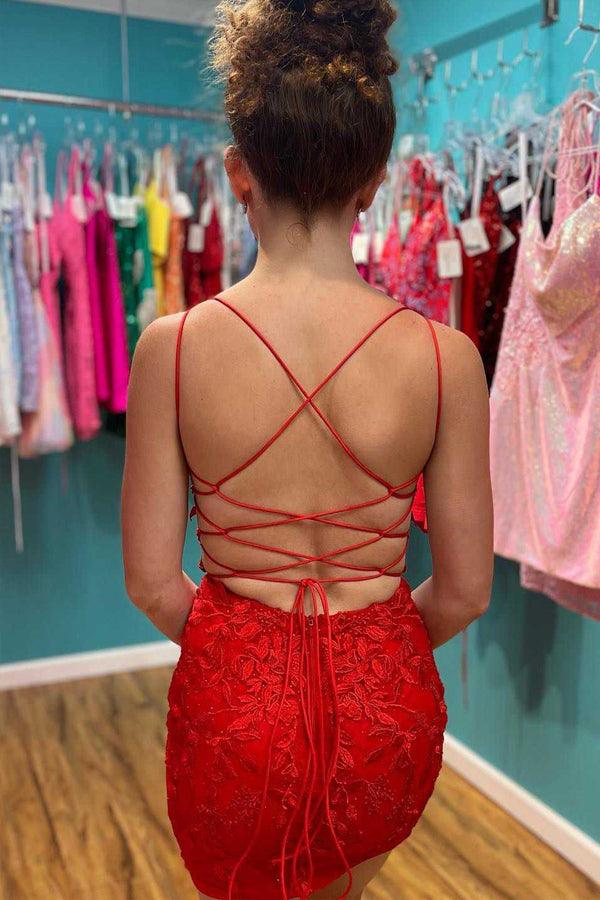 Rotes Homecoming-Kleid mit tiefem V-Ausschnitt und Schnürung und Applikationen PD465