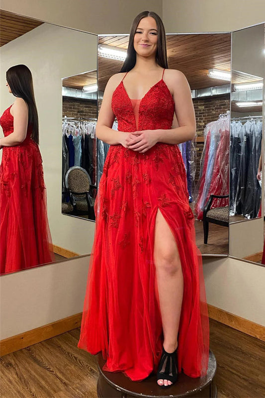 Rotes langes Ballkleid mit tiefem V-Ausschnitt, Blumenapplikationen und Schlitz, PSK485
