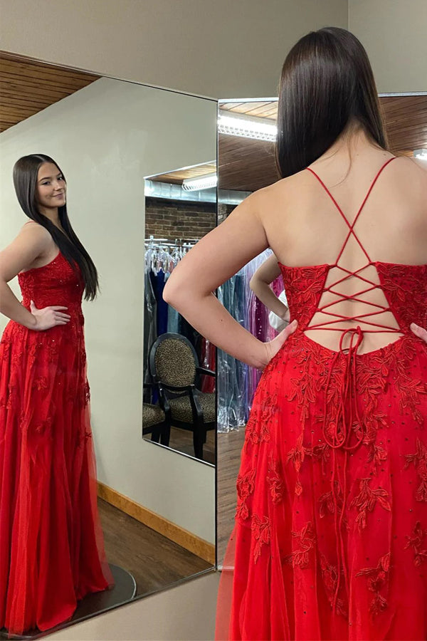 Rotes langes Ballkleid mit tiefem V-Ausschnitt, Blumenapplikationen und Schlitz, PSK485