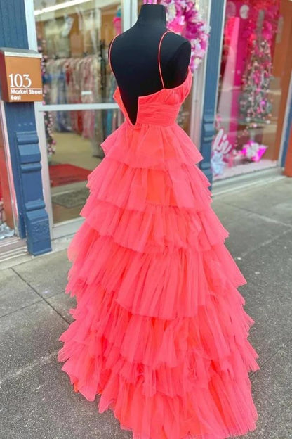 Tulle A-line V-neck Layers Long Prom Dresses, Evening Dresses