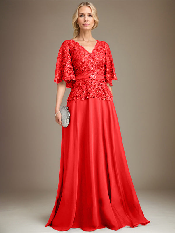 A-Linie V-Ausschnitt Bodenlanges Chiffon-Spitzenkleid für die Brautmutter mit Kristallbrosche und Strass 