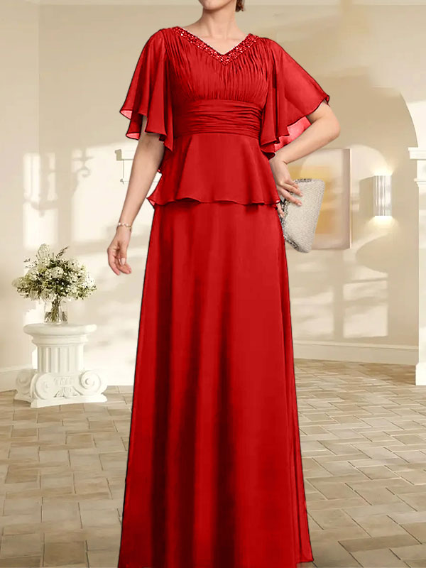 A-Linien-Kleid aus Chiffon mit V-Ausschnitt und bodenlangem Schnitt für die Brautmutter mit plissierten Perlen