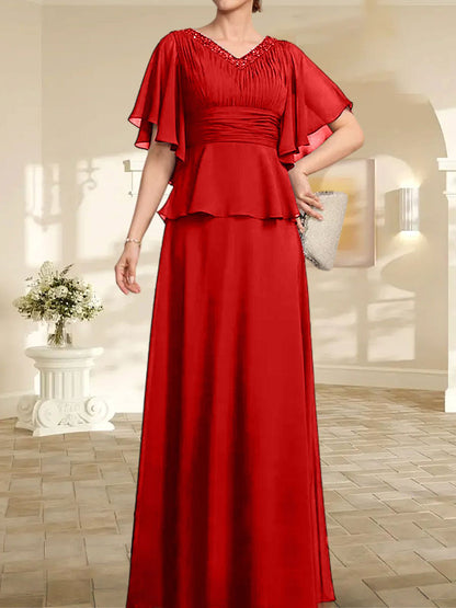 A-Linien-Kleid aus Chiffon mit V-Ausschnitt und bodenlangem Schnitt für die Brautmutter mit plissierten Perlen