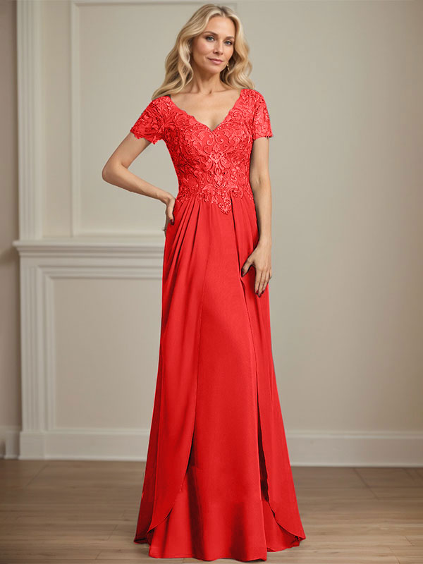 Vestido de gasa con encaje y escote en V hasta el suelo para madre de la novia