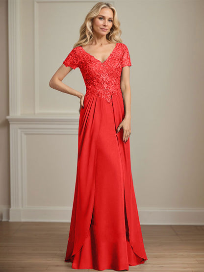 A-line V-Neck Floor-Length Chiffon Lace Mother of the Bride Dress