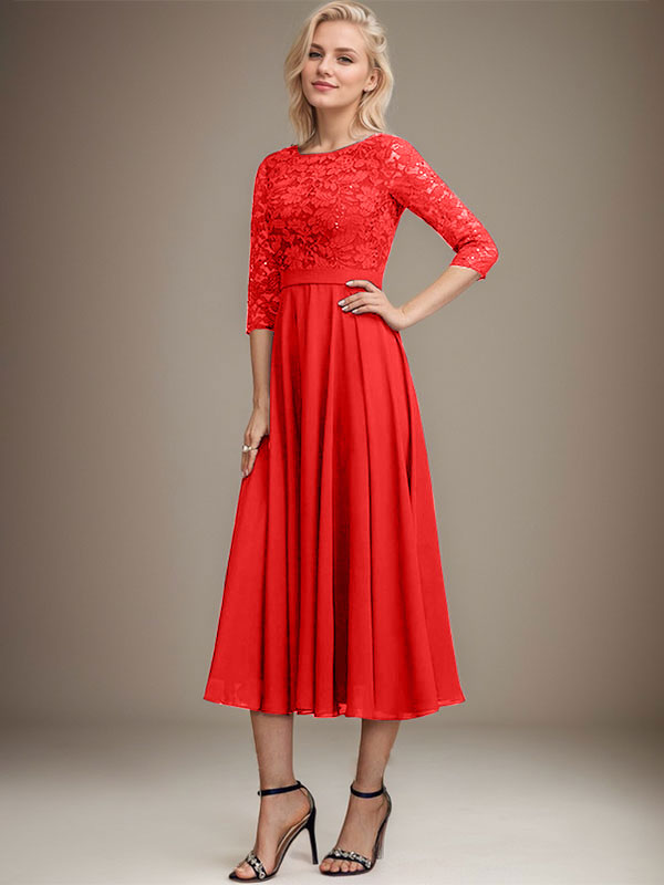 Vestido de gasa con encaje y lentejuelas para madre de la novia, corte A, escote redondo y largo hasta la rodilla
