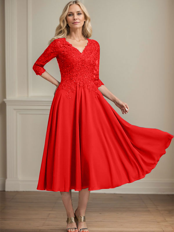 A-Linie V-Ausschnitt Wadenlanges Chiffon-Spitzenkleid für die Brautmutter mit Perlen und Pailletten 