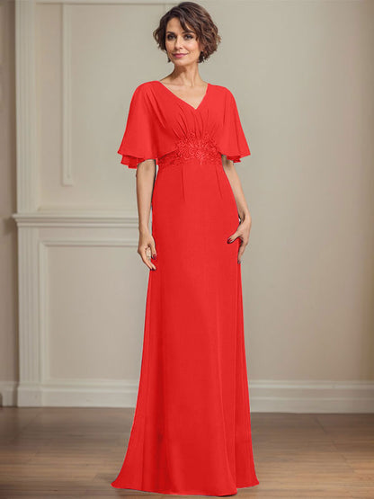 A-Linie V-Ausschnitt Bodenlanges Chiffonkleid für die Brautmutter mit plissierten Paillettenapplikationen Spitze