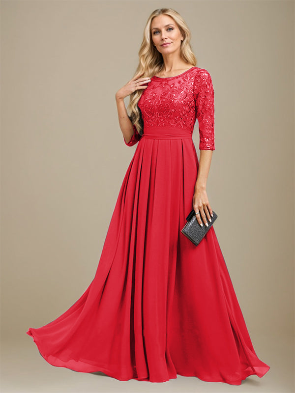 Vestido de madre de la novia de gasa con encaje, corte A, largo hasta el suelo y apliques de lentejuelas