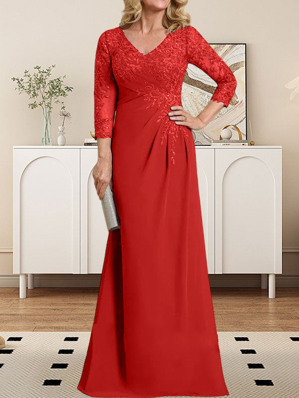 Vestido de madre de la novia de gasa con encaje, escote en V, ilusión, largo hasta el suelo, con lentejuelas plisadas