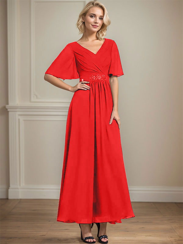 Vestido de gasa para madre de la novia con escote en V, largo hasta los tobillos, corte A y lentejuelas plisadas con cuentas
