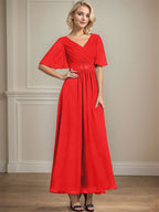 Vestido de gasa para madre de la novia con escote en V, largo hasta los tobillos, corte A y lentejuelas plisadas con cuentas