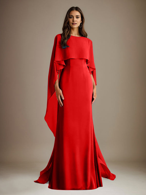 Vestido de gasa para madre de la novia, largo hasta el suelo, con escote barco y corte tubo/columna y volantes en cascada