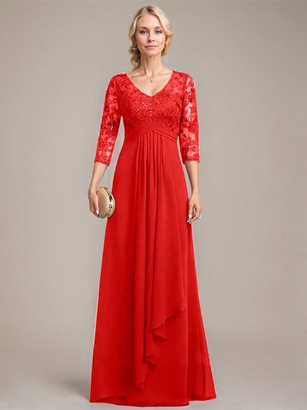 Vestido de madre de la novia de gasa con encaje, escote en V, largo hasta el suelo, con volantes en cascada y lentejuelas