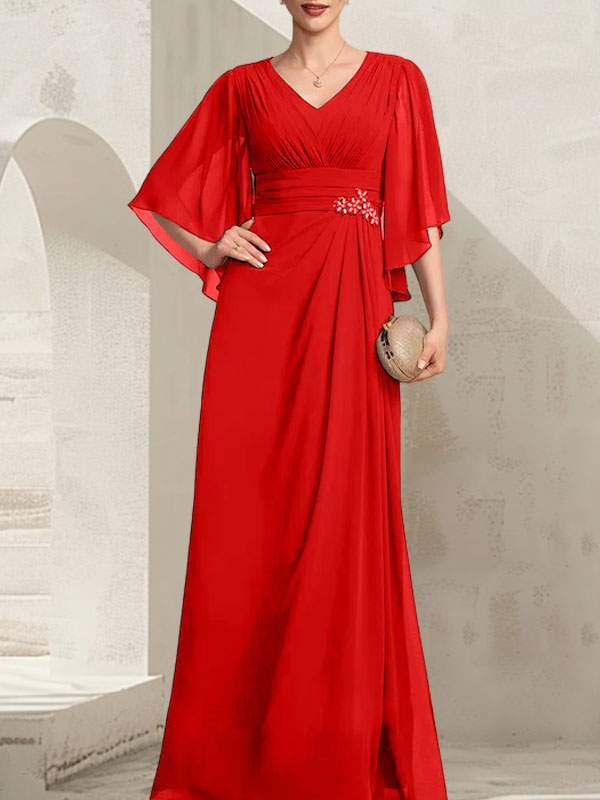 Etui-Linie/Säule V-Ausschnitt Bodenlang Chiffon Kleid für die Brautmutter mit Plissee Pailletten Perlenbesatz