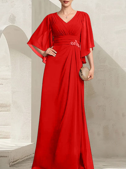 Etui-Linie/Säule V-Ausschnitt Bodenlang Chiffon Kleid für die Brautmutter mit Plissee Pailletten Perlenbesatz