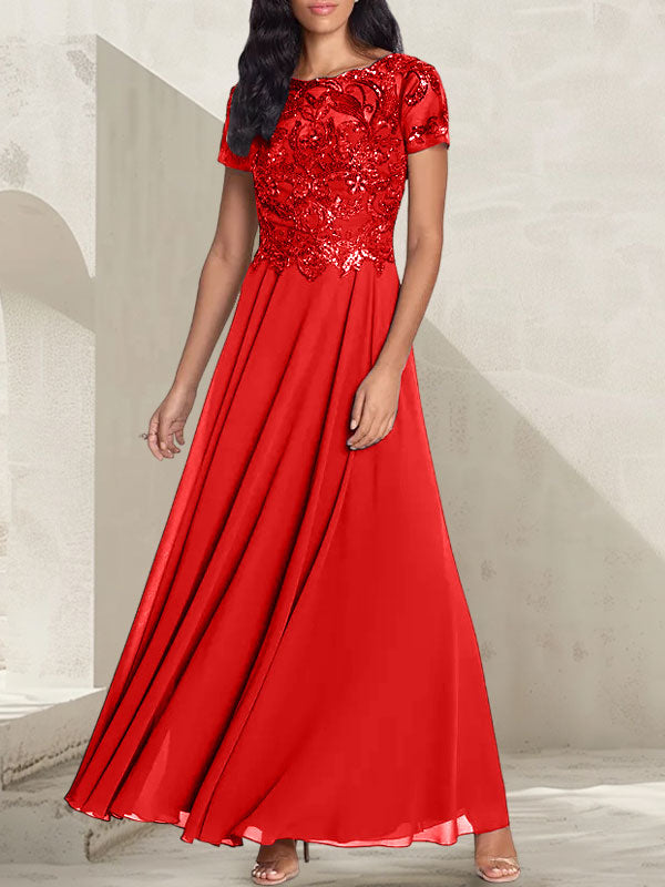 Vestido largo de madre de la novia con escote redondo, corte A, color gris carbón y cuentas