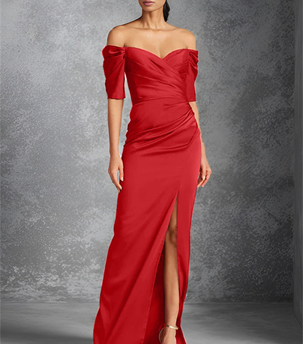 Vestidos para madre de la novia con corte tubo, hombros descubiertos, mangas cortas y largo hasta el suelo con abertura frontal