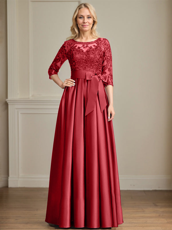 Vestido de madre de la novia de satén con encaje, corte A, escote ilusión, largo hasta el suelo, con lazo de lentejuelas