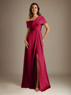 A-Linie Asymmetrischer Ausschnitt Bodenlanges Satinkleid für die Brautmutter mit Plissee 