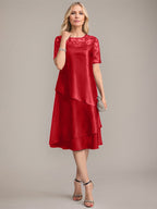 Vestido de madre de la novia con corte en A, escote redondo y largo hasta la rodilla, con apliques y lentejuelas