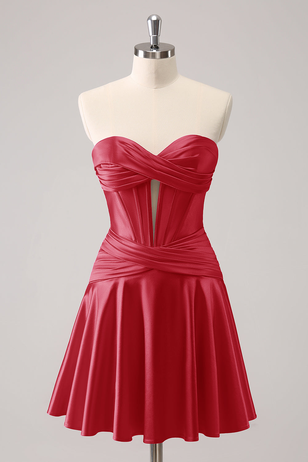 Hermoso vestido de fiesta fucsia con escote en forma de A, corsé cruzado y volantes