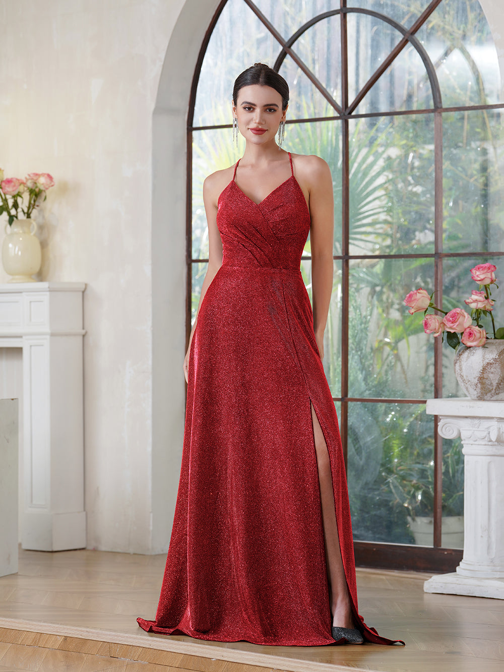 Elegant Long A-line V-Neck Halter Shiny Silk Prom Dress With Side Slit Party Dress with Pocket