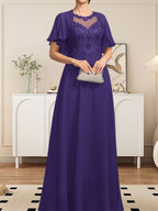 Vestido de gasa con encaje y lentejuelas para madre de la novia, corte A, escote ilusión, largo hasta el suelo