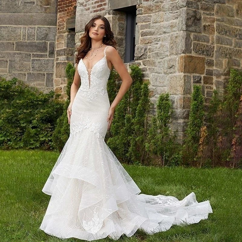 Romantic Wedding Dress Sexy Deep V-Neck Vestidos De Novia Appliques Vestido De Noiva Backless Custom Made Lace Robe De Mariée-payinti