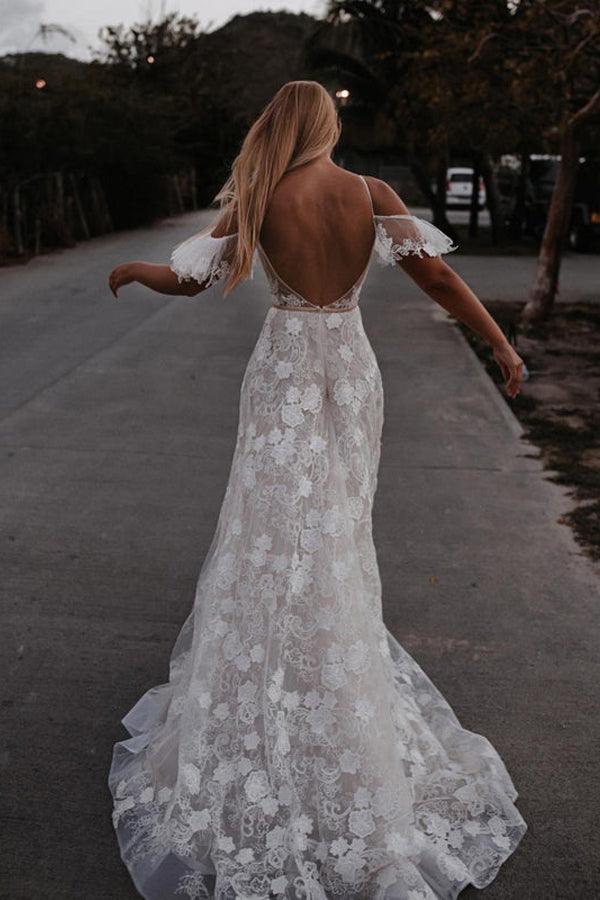 Romantic Spaghetti Straps Floral Lace Beach Wedding Dresses WD591