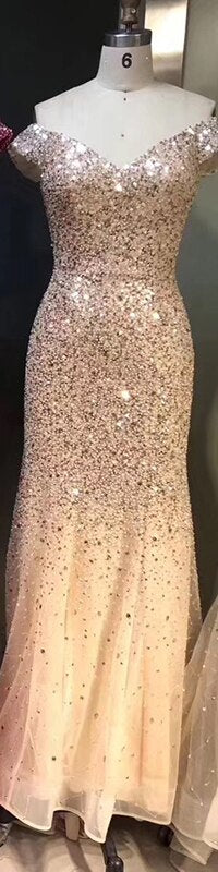 Vestido de noche de lujo con hombros descubiertos, lentejuelas, sirena, sexy y brillante, estilo formal, color oro rosa de Dubái, LA6232, 2025 