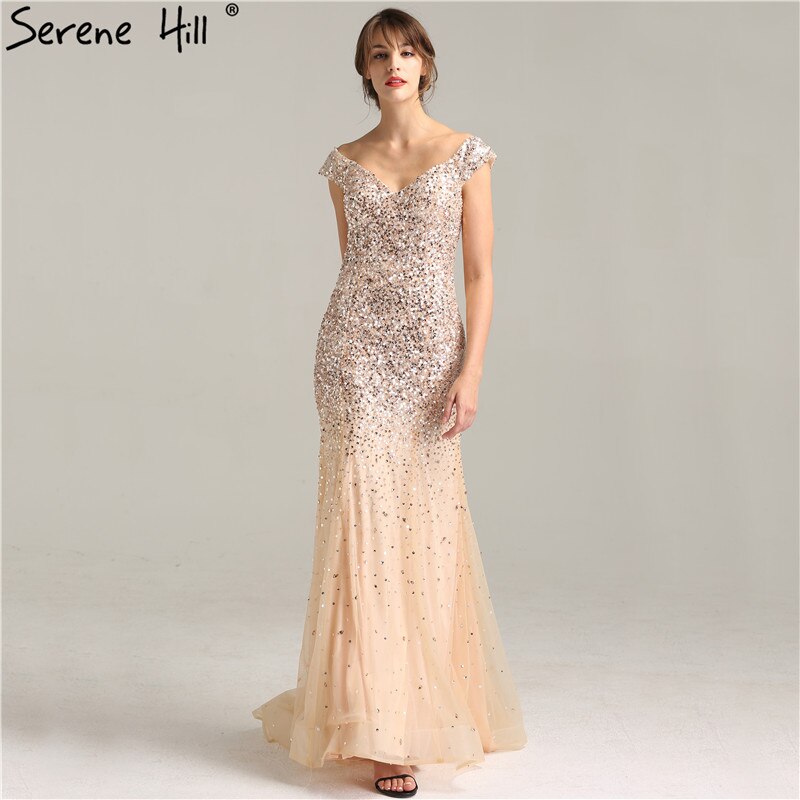 Vestido de noche de lujo con hombros descubiertos, lentejuelas, sirena, sexy y brillante, estilo formal, color oro rosa de Dubái, LA6232, 2025 