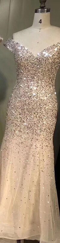 Vestido de noche de lujo con hombros descubiertos, lentejuelas, sirena, sexy y brillante, estilo formal, color oro rosa de Dubái, LA6232, 2025 