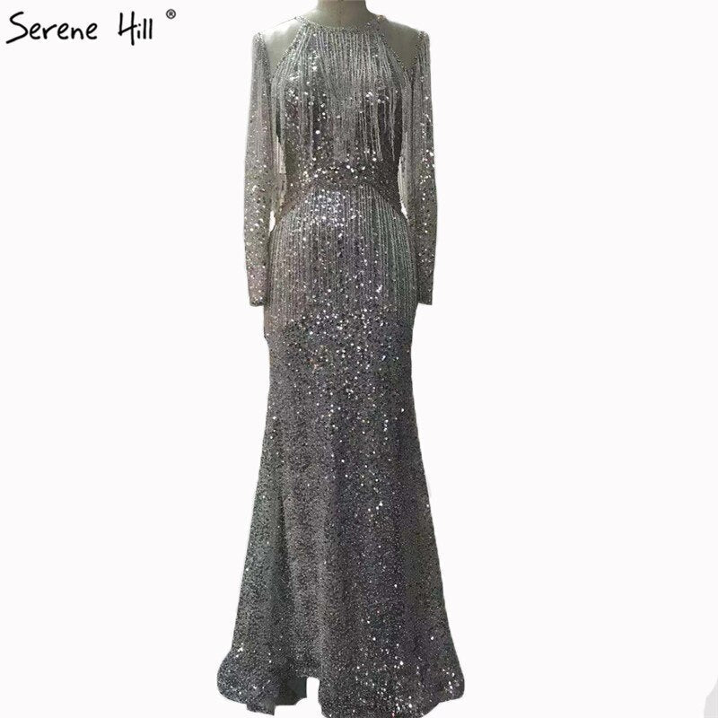En oferta, sin devolución ni reembolso. Vestido de noche de sirena en oro rosa con mangas largas y lentejuelas, con borlas y cuentas, LA70037. 