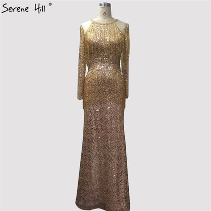 En oferta, sin devolución ni reembolso. Vestido de noche de sirena en oro rosa con mangas largas y lentejuelas, con borlas y cuentas, LA70037. 