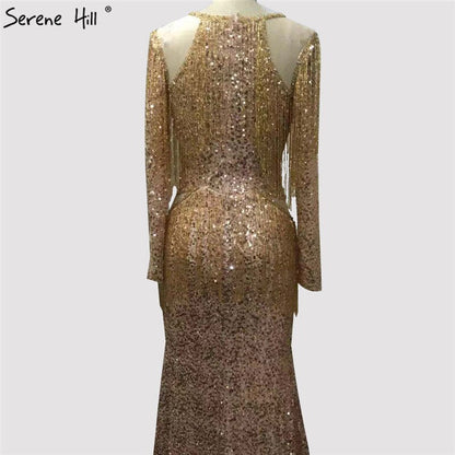 En oferta, sin devolución ni reembolso. Vestido de noche de sirena en oro rosa con mangas largas y lentejuelas, con borlas y cuentas, LA70037. 