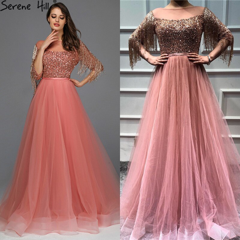 Roségoldene Abendkleider mit O-Ausschnitt und Pailletten 2025 A-Linie Neuestes Design Sexy Sparkle Abendkleid LA60976 