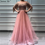 Roségoldene Abendkleider mit O-Ausschnitt und Pailletten 2025 A-Linie Neuestes Design Sexy Sparkle Abendkleid LA60976 