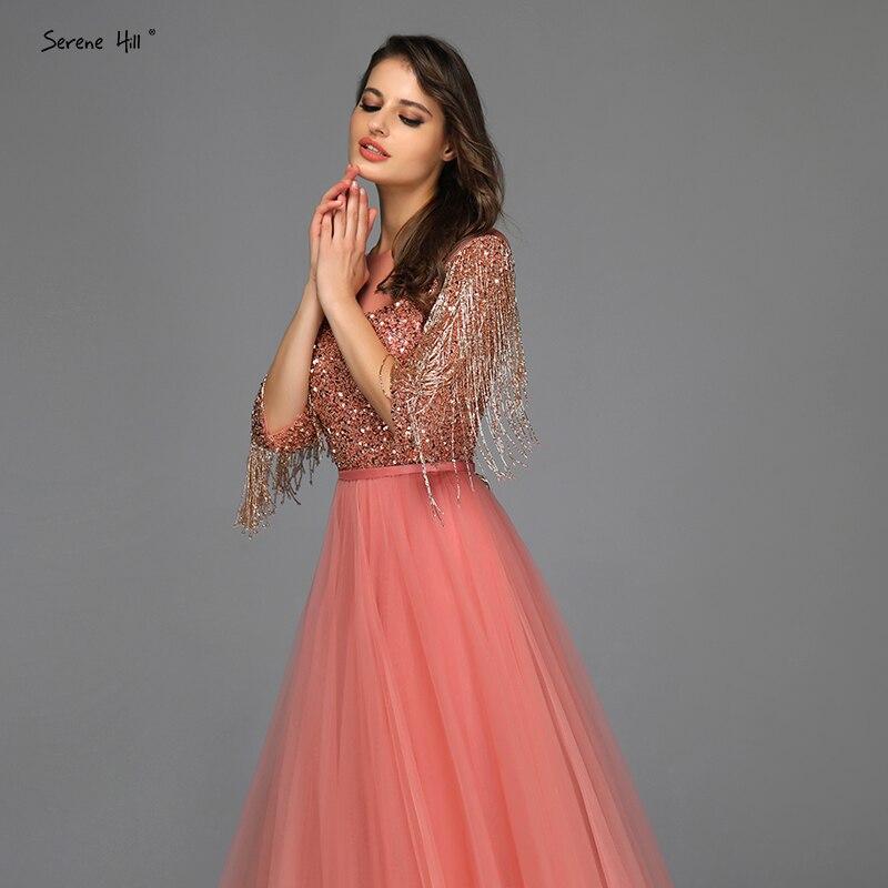 Roségoldene Abendkleider mit O-Ausschnitt und Pailletten 2025 A-Linie Neuestes Design Sexy Sparkle Abendkleid LA60976 