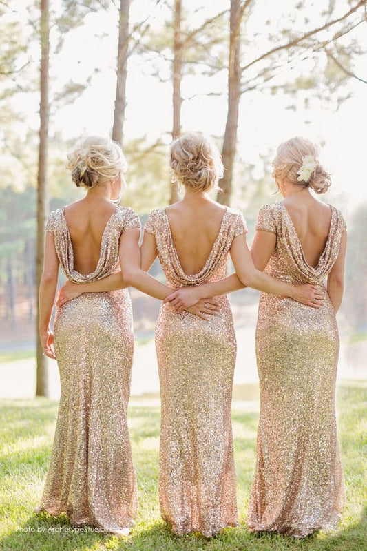 Rose Gold Sequin Bridesmaid Dress with Cowl Back SCB50