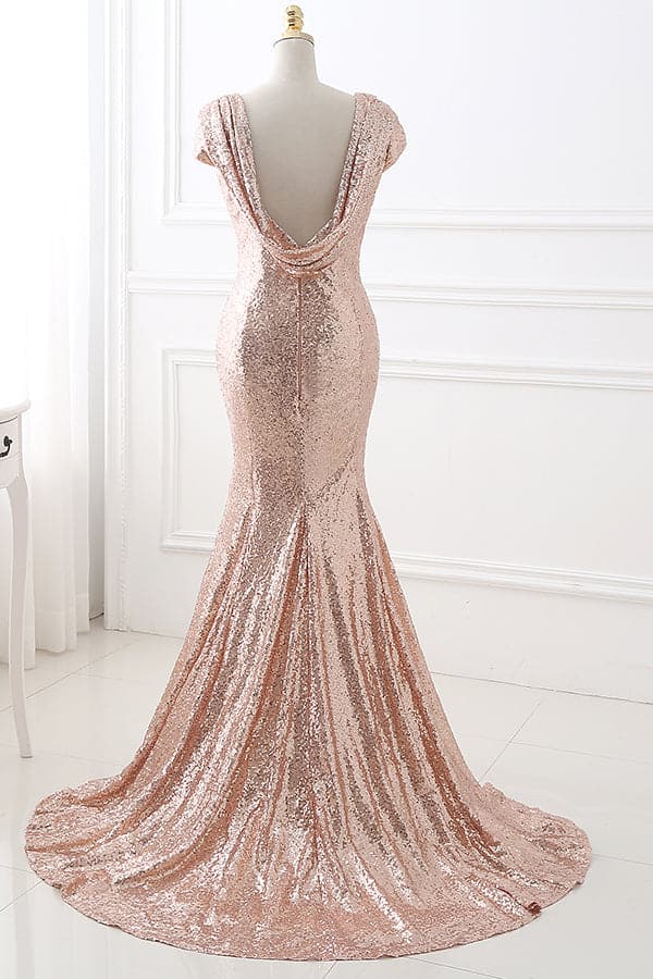 Roségoldenes Brautjungfernkleid mit Pailletten und Wasserfallausschnitt, SCB50