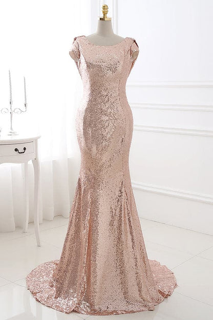 Roségoldenes Brautjungfernkleid mit Pailletten und Wasserfallausschnitt, SCB50