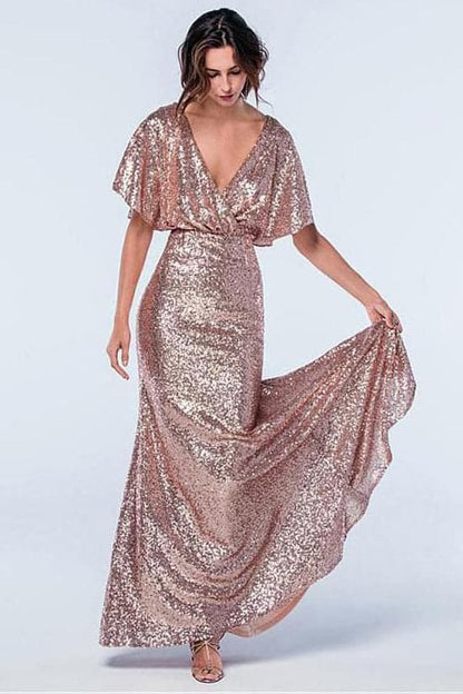 Rose Gold Sequins Bridesmaid Dress With Sleeves SCB43