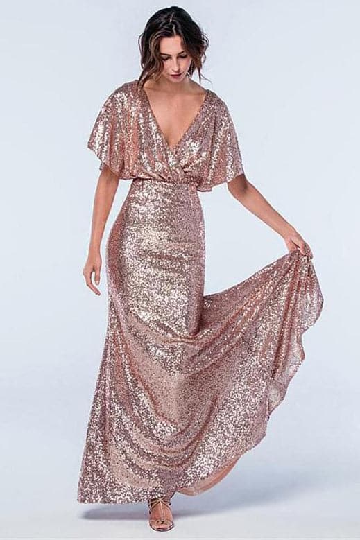Rose Gold Sequins Bridesmaid Dress With Sleeves SCB43